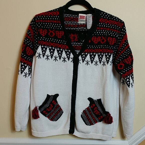 Marisa Canvas White Red Fair Isle Cardigan Mitten Pockets Tassels size Medium - Picture 1 of 12